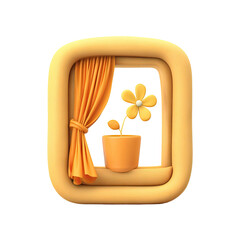 Poster - 3D rendered window with a flower pot and curtain against a transparent background. Illustrative design featuring vibrant orange and yellow colors.