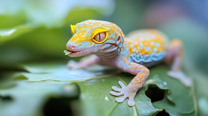 Poster - Close up shot of a vibrant gecko eating a piece of leaf. The gecko is vividly colored with blue, yellow, and orange hues, set against a backdrop of lush green leaves, capturing a moment of natural