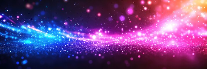 Poster - Abstract background with vibrant blue, pink, and orange glowing particles.  Shimmering, dynamic light streaks create a sense of movement and energy