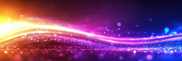 Poster - Abstract wave of vibrant particles in a dark background, glowing with purple, pink, orange, and yellow hues.  Bokeh effect adds depth
