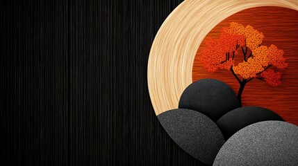 Poster - Stylized autumn tree with orange leaves stands above pebbles in a textured background.