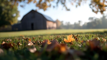 Poster - Ground-level shot featuring vibrant yellow autumn leaves scattered across lush green grass, a blurred barn in the background bathed in soft sunlight on an autumn day. The image captures the serene
