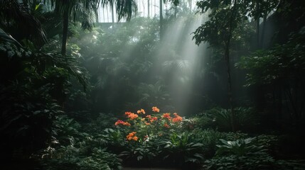 Aufkleber - Sunlight beams illuminate a tranquil green garden with a vibrant cluster of orange flowers in the foreground, surrounded by lush foliage and trees, creating a serene and natural scene, light