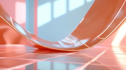 Aufkleber - Close up of a glossy orange curved geometric shape on a tiled surface. Reflected light gives the shape dimension, while the background features soft blue and pink hues, creating a modern and abstract