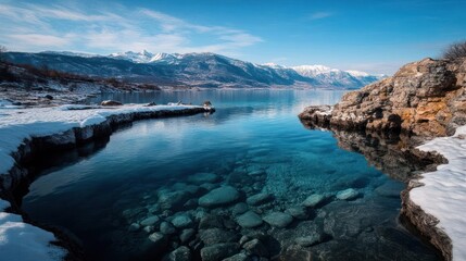 Poster - A serene landscape with a clear, turquoise lake reflecting the snow-covered mountains under a bright blue sky. The lake's rocky bed is visible through the crystal-clear water, and the shoreline is