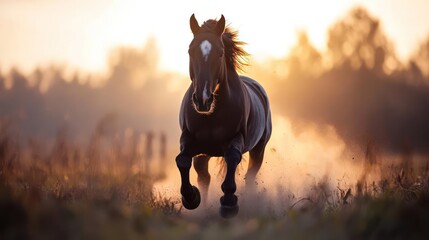Aufkleber - A stunning photograph captures a dark bay horse galloping powerfully across a golden field at sunset, dust kicked up around its hooves, trees in the distant background and warm glow of the setting