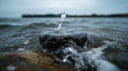 Poster - Detailed close-up of a dark rock in water with a water splash against an out-of-focus horizon and a cloudy sky. The image is a macro shot with shallow depth of field