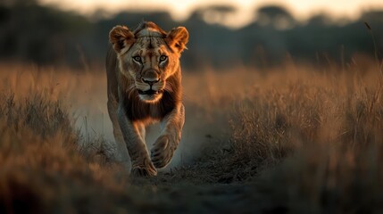 Aufkleber - Dramatic close-up of a young lion running through a grassy field at sunset. The warm light highlights the lion's fur and creates a sense of urgency and power. Soft focus background emphasizes the