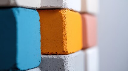 Poster - A macro, studio shot features a stack of colorful concrete cubes, showcasing an orange cube prominently. The arrangement is set against a blurred, plain background, emphasizing the texture and