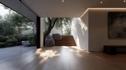 Poster - A bright and spacious modern interior with hardwood floors, natural light streaming in, lush greenery visible through a large opening, minimalist furniture, and stairs leading up to an outdoor space