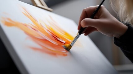 Aufkleber - A close-up shows a hand holding a brush applying strokes of orange and red paint on a white canvas. The composition focuses on the act of painting, highlighting the texture and colors, with soft