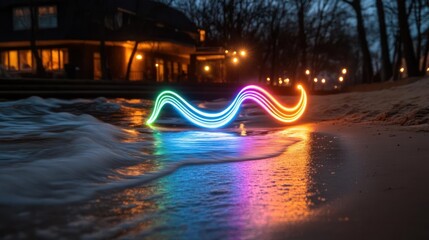 Aufkleber - Abstract light painting on a sandy beach with waves lapping at the shore, reflecting vibrant colors in the water. A house is blurred in the background under a night sky, creating a tranquil yet