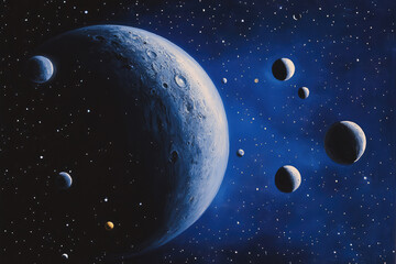 a blue planet surrounded by moons and mysteries in the deep space, blue, space, mysteries, moons