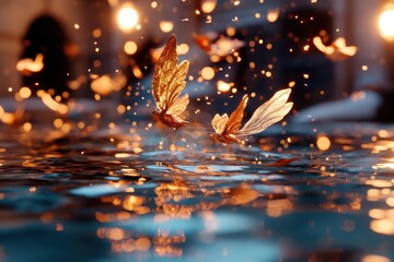 Aufkleber - Close-up view showcases golden butterflies gracefully hovering just above shimmering water, illuminated by soft bokeh lights. The scene exudes a dreamlike quality with its gentle colors and ethereal