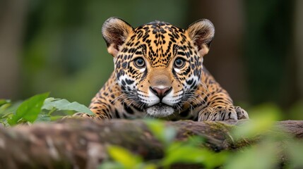 Aufkleber - A focused eye-level shot portrays a jaguar cub with a bright yellow coat and black spots, resting its paws on a moss-covered branch in a vibrant green forest setting. The natural light highlights its
