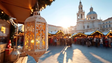 Aufkleber - This image captures a festive winter market scene with a decorative lantern hanging in the foreground, bathed in warm light. The sunburst creates a magical atmosphere over the blurred background