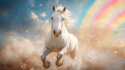 Aufkleber - An ethereal scene captures a majestic white horse galloping amidst a splash of water, highlighted by glittering light particles against a cloudy sky backdrop, with a delicate rainbow arc adding a