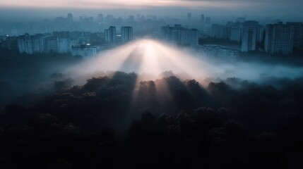 Aufkleber - A dramatic aerial view shows sunbeams penetrating through a thick layer of fog blanketing a dense forest, with a cityscape partially visible in the background under a muted, hazy sky, creating a