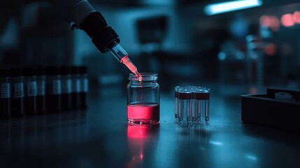 Poster - Close up of scientific research, liquid drips from pipette into vial in blue illuminated laboratory, several vials and test tubes in background. Red lighting effect