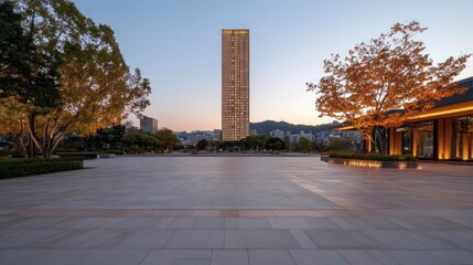 Poster - A low angle medium shot captures a tall, slender skyscraper at dusk, showcasing its design of horizontal lines with warm interior lights. The foreground features a spacious, stone-tiled courtyard