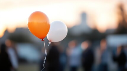 Poster - Close-up shot of an orange and white balloon floating outdoors, set against a soft, blurred backdrop of silhouettes and a building under a bright sky, creating a serene and celebratory atmosphere