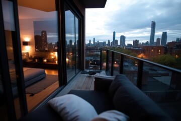 Aufkleber - View from a balcony at dusk showcasing a cityscape with tall buildings, an illuminated apartment interior, and a gray sofa with cushions, capturing urban living and modern architecture with natural