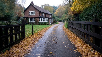 Poster - A two-story red brick house with white trim stands at the end of a driveway covered in fallen yellow leaves. Surrounded by trees with colorful autumn foliage, the house is accessed through a wooden