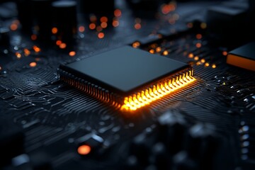 Poster - Close up view of a microchip with glowing pins on a dark circuit board surface in soft focus