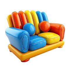 Poster - Colorful inflatable sofa isolated with transparent background featuring vibrant cushions in blue yellow red and orange. Modern furniture concept with playful design.