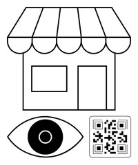 Simple storefront with awning, eye symbol for vision or surveillance, and QR code for scanning. Ideal for retail, accessibility, marketing, security, online services, technology simple landing page