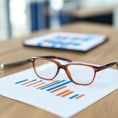 Poster - Business Workplace Eyeglasses Resting on Financial Report Showing Bar Graph Data Analysis