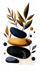 Poster - stylized rocks are balanced in a stack, adorned with leaves and branches against a white background.