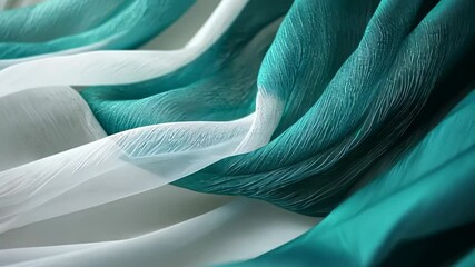 Poster - Elegant flowing fabric gracefully captures light with beautiful shades of teal and white in an artistic display of movement Generative AI