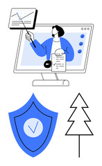 Poster - professional presenting data on monitor with chart and pointer, shield with checkmark, tree outline.