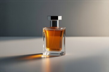 Poster - A sleek, amber-hued perfume bottle sits on a minimalist surface, bathed in soft light, casting a subtle shadow.  Its clear glass and metallic cap showcase a sophisticated design.