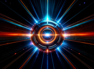 Aufkleber - A dynamic, abstract composition featuring a central glowing orb emitting vibrant orange and blue light rays against a dark backdrop. Hints: sci-fi, energy, technology.