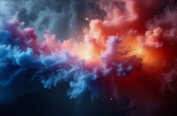 Leinwandbilder - Abstract swirling clouds of vibrant blue and red hues collide, creating a dynamic, luminous nebula-like effect.  Glowing embers are scattered throughout the cosmic scene.