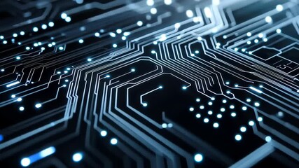 Poster - Explore the intricate world of circuit patterns illuminated by shimmering blue lights in a modern tech setting Generative AI