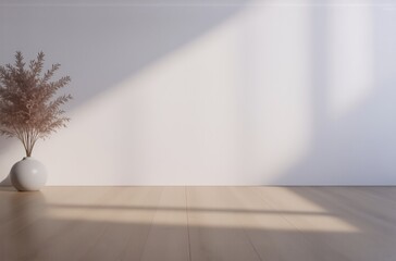 Poster - Sunlight streams into a minimalist room, illuminating a light wood floor and a dried pampas grass arrangement in a white vase against a blank wall.  The scene evokes serenity and calm.