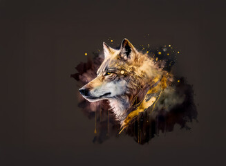 Aufkleber - Watercolor style wolf portrait with golden accents. The animal head is facing left, depicted with detailed fur and expressive eyes against a dark background with paint splatter effect.