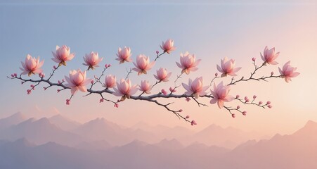 Fototapete - A serene image shows a blossoming branch against a soft, pastel sky and misty mountains. The delicate, pink blossoms offer a tranquil ambiance.