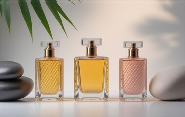 Poster - Three perfume bottles with gold caps and varying shades of liquid, displayed on a white surface alongside smooth stones and a palm leaf, evoke a sense of serenity and luxury.