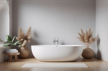 Poster - Serene minimalist bathroom design.  Freestanding bathtub, pampas grass, neutral tones, wooden floor, and simple decor create a calming atmosphere.