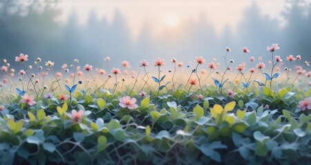 Poster - Hint: The image shows a field of flowers in soft morning light.

A field of flowers basks in the soft glow of morning light. The misty background hints at a tranquil, natural setting. Delicate petals 