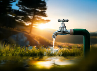 Poster - A chrome faucet spews water, reflecting the golden hour over the peaceful landscape, with grass surrounding the water's edge. Sun light shines through the trees. This is a scene showing nature.
