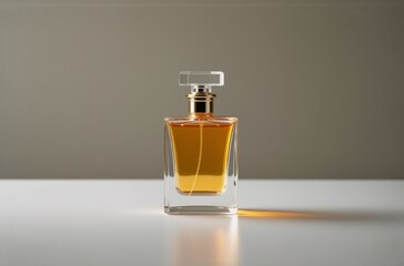 Poster - A golden amber perfume in a clear glass bottle with a gold cap sits on a white surface, casting a soft shadow.  Elegant and sophisticated.