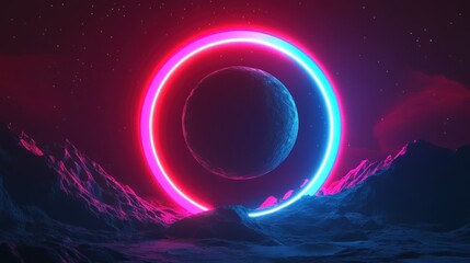 Wall Mural - neon planet ring mountain landscape