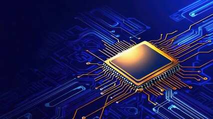 Poster - Digital Circuit Board with Microchip on Blue Background