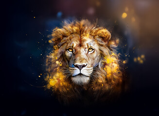 Poster - A majestic big cat, with a fiery mane and piercing eyes, emerges from a dark background. Hints of gold paint splash around it, illuminating the king's regal features.