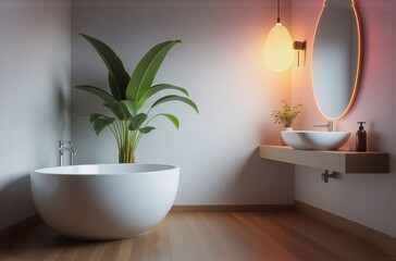 Aufkleber - Modern minimalist bathroom with freestanding tub, wooden floor, oval mirror, and tropical plant. Soft lighting creates a serene atmosphere.